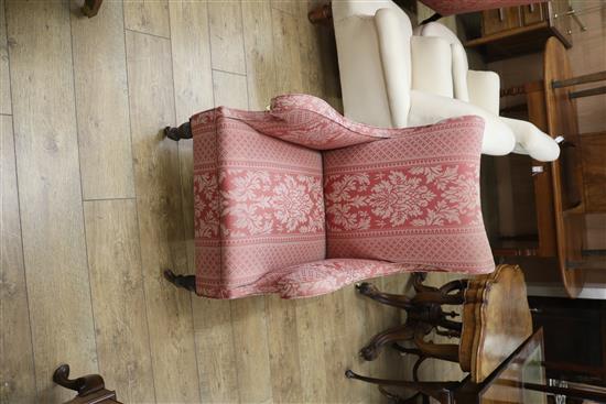 An Edwardian three piece salon suite sofa W.116cm